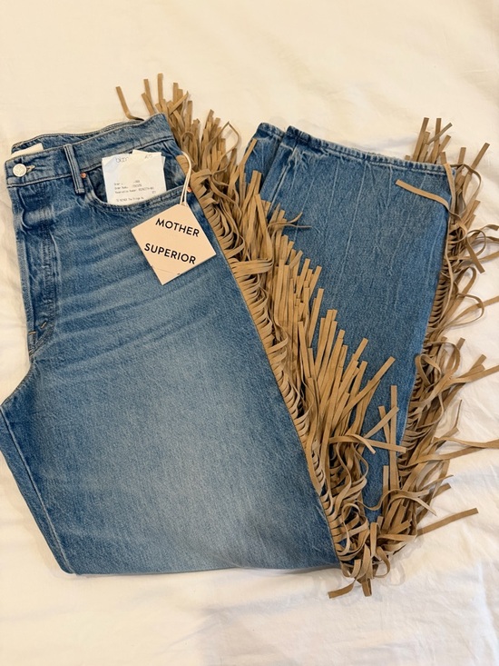 MOTHER Denim - MOTHER Blue Denim Flare Jeans with Tan Fringe